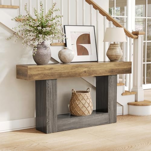 LITTLE TREE 63 Inches Long Console Table, 2-Tier Farmhouse Sofa Table Behind Couch, Large Narrow Entryway Table for Living Room, Wooden Hallway Foyer Table with Heavy Duty Base, Rustic Brown and Grey - color: Rustic Brown and Grey