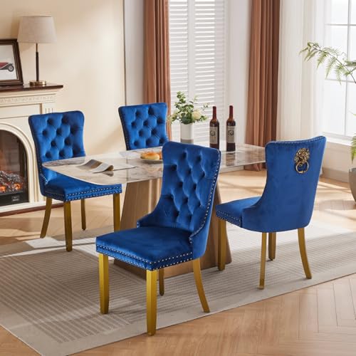 KEIKI Upholstered Velvet Dining Chair, Mid-Century Tufted Accent Seat | with Golden Solid Wood Legs Nailhead Trim 2-Pcs Set, for Dining Room Kitchen Room, Blue - color: Blue