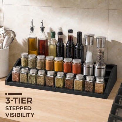 3-Tier Expandable Spice Rack Organizer, 12.8-22.6 in, Black | Adjustable, Countertop Stepped wood & iron Seasoning Organizer, Shelf for kitchen Cabinet Pantry Jars Bottles Syrup - color: Black