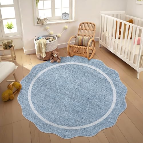 GarveeHome Scalloped Round Area Rugs, Washable Small Round Rug 3ft Non-Slip | Blue Soft Boho Ultra-Thin Circle Low Pile Stain Resistant Carpet for Bedroom Entryway Kitchen Laundry Bathroom - color: Blue, size: 3' x 3' (Round)