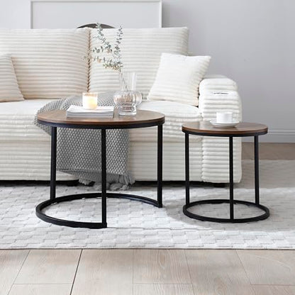 Nesting Side Tables, Coffee Table Set of 2 with Sturdy Metal Frame, Modern Industrial Simple Nightstand for Living Room Bedroom Apartment (Walnut) - color: Walnut