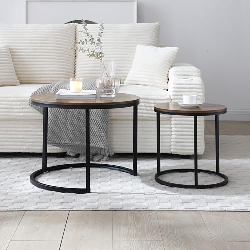 39.3'' Round Nesting Coffee Table Set of 2 for Living Room, Modern Wood Nesting Side End Table with Metal Base, Easy Assembly, Walnut - color: S5-39.3in-walnut