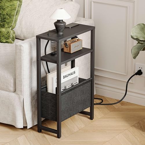 Narrow Side Table with Charging Station, Slim End Table with Magazine Rack, Bedside Table for Small Spaces, 3 Tier Sofa Couch Table Nightstand for Living Room, Bedroom, Black LET503BE - color: Black, style: With Charging Station