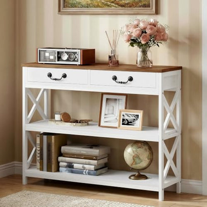 IRONCK 39.4" Farmhouse Console Table with Storage, White/Walnut | Narrow Entryway Table with 2 Drawers & 2 Shelves, Industrial Wood Sofa Table for Living Room/Hallway - size: 39.4inch