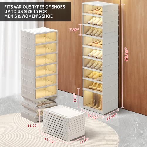 CIMLORD 9-Tier Foldable Shoe Rack, Magnetic Doors, 18 Pairs, White | Collapsible Plastic Shoe Cabinet, Stackable, Clear Doors, Bottom Wheels, Fits Boots, Easy Assembly, Closet & Entryway - size: 9 Tiers 18 Pairs