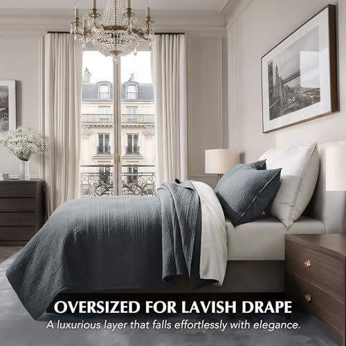 EVERGRACEHOME Cotton Sateen Channel Quilt Set, King Size, Midnight Blue | 100% Cotton, Pre-Washed Soft Coverlet Bedspread, 3-Piece Refined Channel Stitch Bedding Set for All Season, 2 Pillow Shams - color: Midnight Blue - Refined Channel, size: King (110"