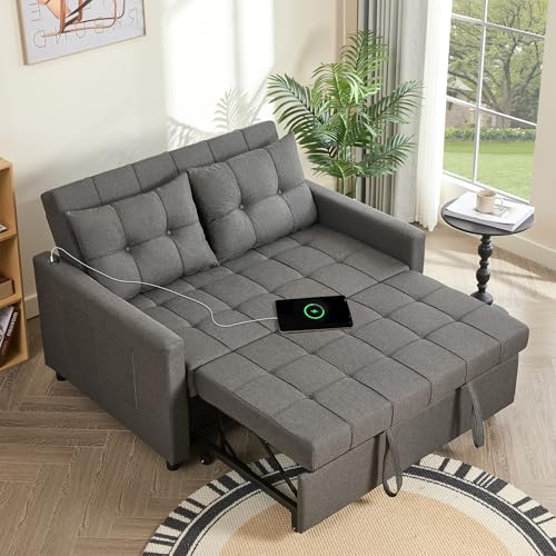 GOSUHI 52" 3-in-1 Convertible Sleeper Sofa Bed, Linen, Dark Gray | Pull-Out Bed, Stepless Adjustable Backrest, Side Pocket, Compact Loveseat, Living Room, Dorm & Apartment - color: Dark Gray