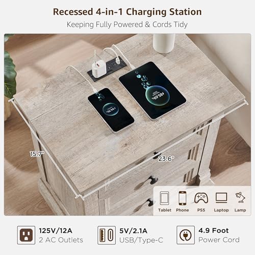 Farmhouse 26"H Night Stand Set of 2, 23.6"W End Table with Charging Station | Wood Side Table w/Roman Column, End Tables Living Room Set Of 2, Bedside Cabinet for Bedroom, Living Room, Light Rustic Oak - color: Light Rustic Oak, size: 23.6"W x 15.7"D x 26