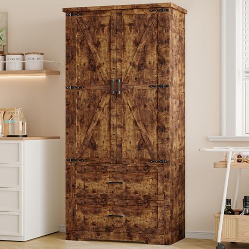 BORNOON Pantry Organizers and Storage Cabinet, 71” Barn Door White Kitchen Cabinet with Drawers and Adjustable Shelf, Tall Pantry for Kitchen, Dining Room, Living Room. Bathroom and Office - color: Brown, size: Double Drawers