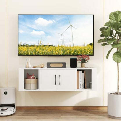 GOFLAME Floating TV Stand, Wall Mounted TV Console Table with Doors, Entertainment Media Center Under TV, Modern TV Cabinet for Living Room, Bedroom, Office, White - color: White