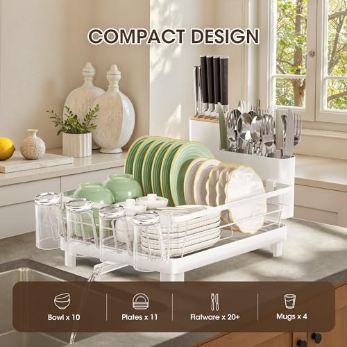 Runnatal Dish Drying Rack with Drainboard for Kitchen Counter and Sink | Large Dish Rack Rustproof Dish Drainer with Detachable 2-in-1 Utensil Holder, Extra Cup Holder, White - color: White, size: Standard