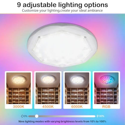 Motion Sensor Ceiling Light, Rechargeable Shower Light for Closet | 3CCT and RGBW, Magnetic, Remote,15000mAh Battery Operated Bathroom Mood Shower Overhead Lighting For Wall Shed Hallway Stairs