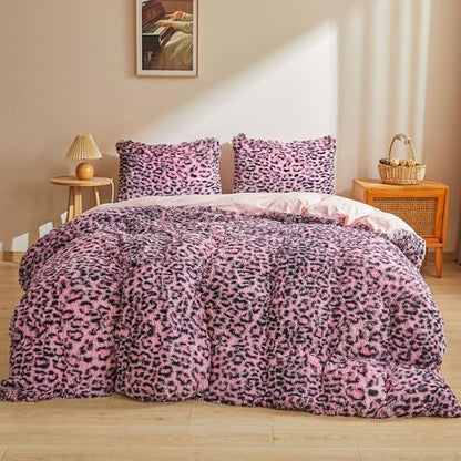 XeGe Cheetah Print Fluffy Faux Fur Duvet Cover Set, Twin, Black and Pink | 2 Pieces Soft Plush Shaggy Fuzzy Bedding Set(1 Faux Fur Leopard Print Comforter Cover + 1 Furry Pillowcase), Zipper Closure - color: Cheetah Print Black and Pink, size: Twin