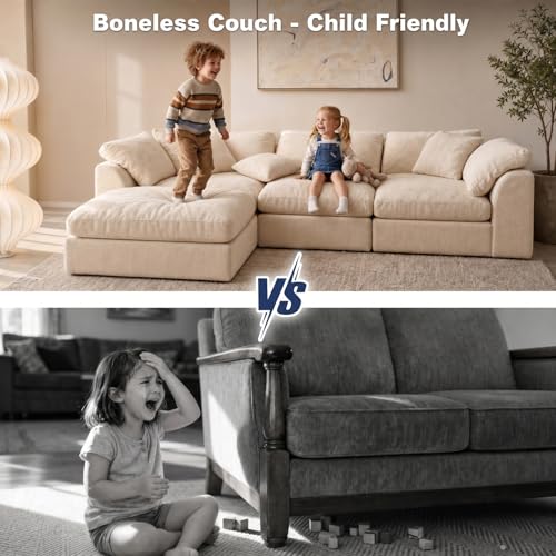 Oversized Cloud Couch Sectional Sofa for Living Room, Modular L Shaped Boneless Chenille Sofa with Chaise Lounge, Deep Seat Convertible Couch, Compressed No Assembly Floor Sofa (White)