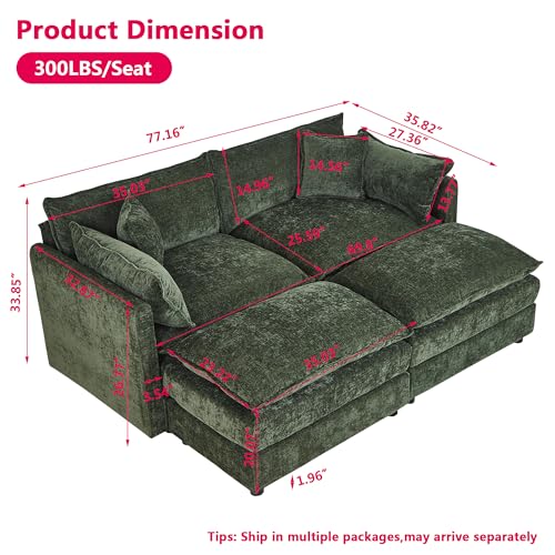 Aoowow Modular Sectional Sofa Modern Convertible Loveseat Couch,77.16 Inch Deep 2-Seater Sofas Comfy Chenille Cloud Sofas and Couches Set with 2 Movable Ottoman for Living Room Apartment（Green） - color: Green-new, size: 2 Seat + 2 Ottoman