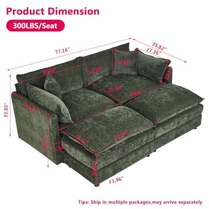 Aoowow Modular Sectional Sofa Modern Convertible Loveseat Couch,77.16 Inch Deep 2-Seater Sofas Comfy Chenille Cloud Sofas and Couches Set with 2 Movable Ottoman for Living Room Apartment（Green） - color: Green-new, size: 2 Seat + 2 Ottoman