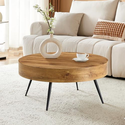 Round Coffee Table, Mid Century Small Coffee Table with Metal Legs, Wood Coffee Table Accent Center Table for Living Room Apartment Small Space (31.5''D-Brown) - color: Brown