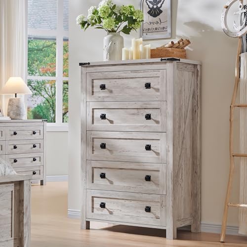 T4TREAM 48" Tall Farmhouse 5-Drawer Dresser for Bedroom,Antique Brush White | Rustic chests of drawers, Wood Storage Cabinet, Metal Handle, Unique Corner Accent, Bedroom, Living Room, Hallway - color: Antique Brush White, size: 15.8"D x 31.3"W x 48"H (5 D