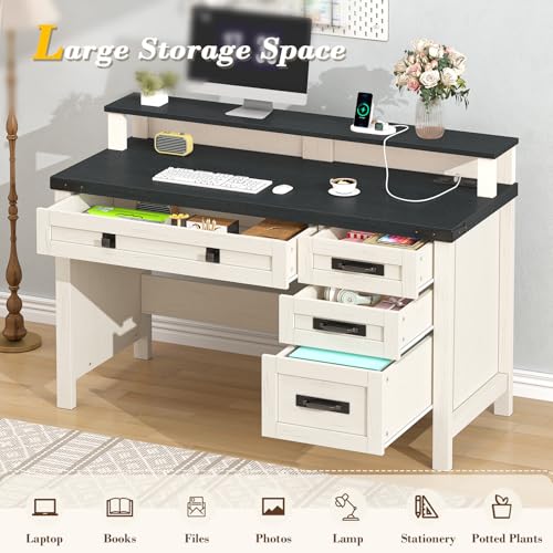 47" Farmhouse Computer Desk with Drawers & Outlets for Home Office, Bedroom | Executive Desk with Power Outlets, Home Office Desk with Monitor Stand, Small Desk Writing Study Table, Black and White - color: Black and White