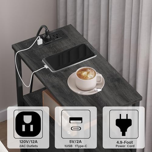 TUTOTAK Small Narrow LED End Table with Charging Station, Set of 2 | Side Table with Outlets, Nightstand with Cloth Drawer, Couch Table for Living Room, Bedroom, Charcoal Grey TB01BY059 - color: Charcoal Grey, style: 1 Drawer with Plug & Light