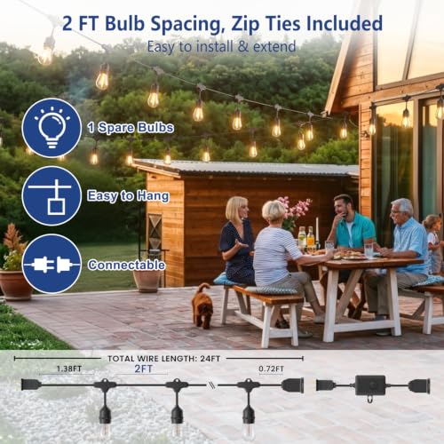 24FT String Lights for Outside, Remote & Waterproof, Connectable | 2FT Spacing, Heavy Duty Commercial Grade, 18 AWG Cord, 12+1 Shatterproof Bulbs, IP65, Timer & Dimmable, Plug-in, Backyard - size: 24FT (12 Sockets)