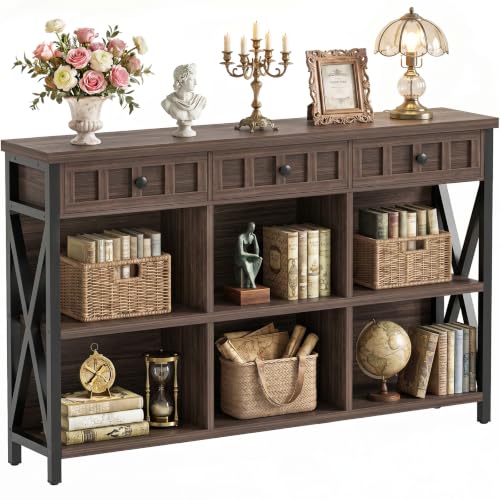 6 Cube Storage Organizer Bookcase, Cube Bookshelf with Drawers 47" | Short Open Bookshelf 3-Shelf Low Bookcase for Bedroom, Home Office, Living Room, Entryway, Black Walnut - color: Black Walnut