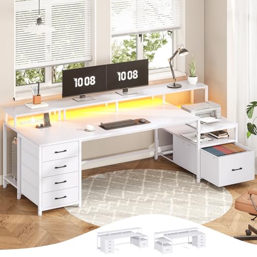 SEDETA 75'' Large Home Office Desk with 5 Drawer, Power Outlet, File Drawer | 23.6" W Desktop Computer Desk with Storage Shelves, Monitor Shelf, Led Lights, for Home Office, Dorm, Gaming Room, White - color: White, size: 75X23.6inch