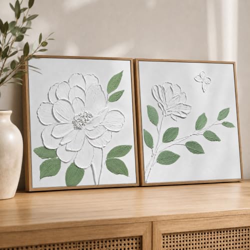 Artiluxy 3D Textured Floral Wall Art Set of 2, 16x16 Framed Botanical Decor | Raised Plaster Flower Art with Sage Green Leaves, Light Wood Grain Frames, Ready to Hang for Bedroom Living Room Bathroom - color: Floral White