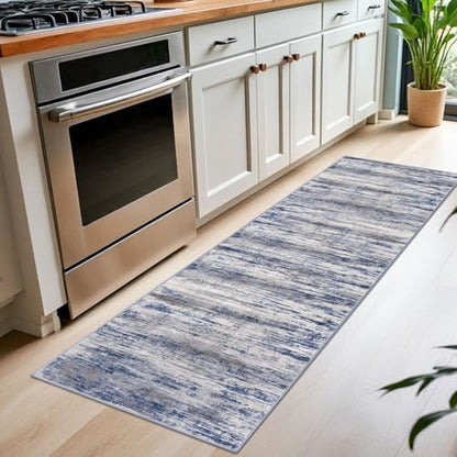 KOZYFLY Modern Washable Rug Runner 2x7 Kitchen Runner Rugs Grey-Blue | Non-Slip, Non-Shedding, Low Pile Soft, Abstract Striped, For Hall Kitchen Entryway Bathroom Laundry Bedroom Foyer - color: Blue-grey, size: 2' x 7' (Runner)