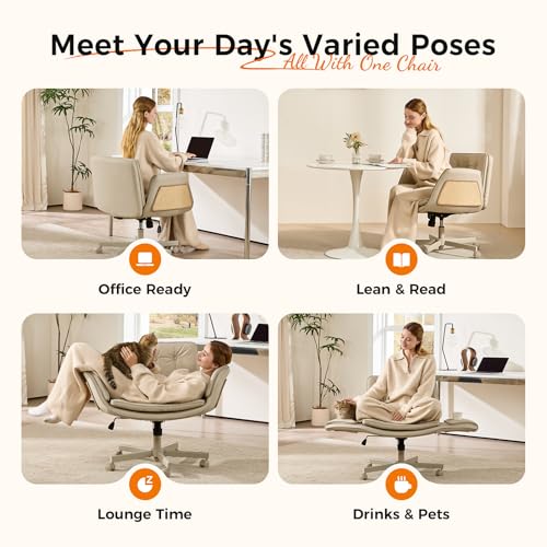 amseatec Criss Cross Office Chair, Swivel Makeup Vanity Chair with Wheels | Wide PU seat for cross-legged, fidget-friendly sitting; 5-level armrests create pet space; wipe-clean; cat scratch pad option - color: Camel Linen