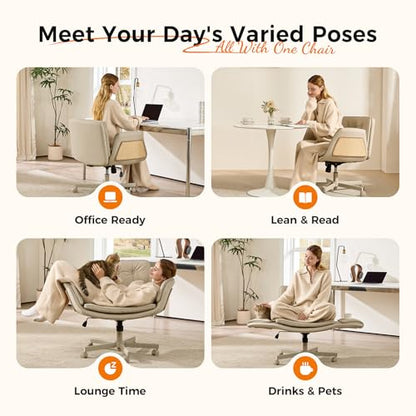amseatec Criss Cross Office Chair, Swivel Makeup Vanity Chair with Wheels | Wide PU seat for cross-legged, fidget-friendly sitting; 5-level armrests create pet space; wipe-clean; cat scratch pad option - color: Camel Linen