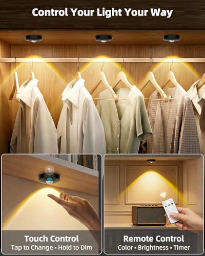Rechargeable Puck Lights with Remote Control, 1500mAh Battery Operated Tap Lights, Dimmer & Timer Under Cabinet, Wireless LED Stick-On for Closet, Bedroom, Kitchen - Black 12Pcs - color: Black
