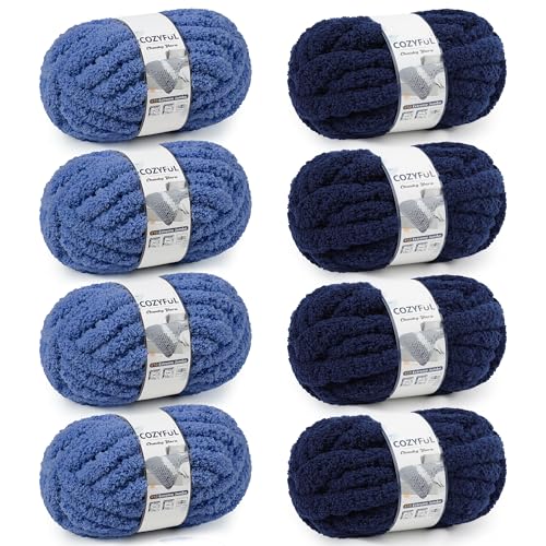 Cozyful Chunky Yarn for Hand Knitting - #10 Chunky Chenille Yarn, Jumbo Big Thick Chunky Yarns for Crocheting, Super Bulky Chunky Knit Blanket Yarns, 8 Skein (22yd, 8oz/Skein), Country & Navy - color: Country Blue & Navy