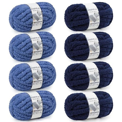 Cozyful Chunky Yarn for Hand Knitting - #10 Chunky Chenille Yarn, Jumbo Big Thick Chunky Yarns for Crocheting, Super Bulky Chunky Knit Blanket Yarns, 8 Skein (22yd, 8oz/Skein), Country & Navy - color: Country Blue & Navy