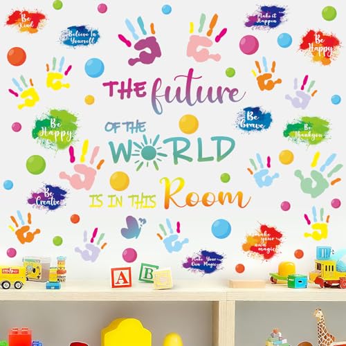 Colorful Inspirational Wall Decals for Classroom Décor, 5 Sheet 71 Pcs | Vinyl Paint Splatter Handprint Inspirational Quotes Wall Stickers for Kids Bedroom School Nursery Decorations - color: World Future
