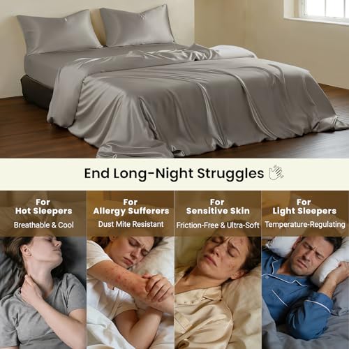 THXSILK Luxury Full Silk Duvet Cover Set 3 Pieces, Extra Soft, Breathable & Cooling Bedding Set, Machine Washable & Durable, 1 Duvet Cover & 2 Pillowcases with Zipper Closure(Grey) - color: Grey, size: Full (3 pcs)