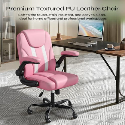 Ergonomic Office Chair, Mid Back Executive PU Leather Desk Chair with 3.5" Dual-Layer Cushion, Flip-up Armrests, Swivel Rolling Wheels, Adjustable Height, Pink - color: Pink