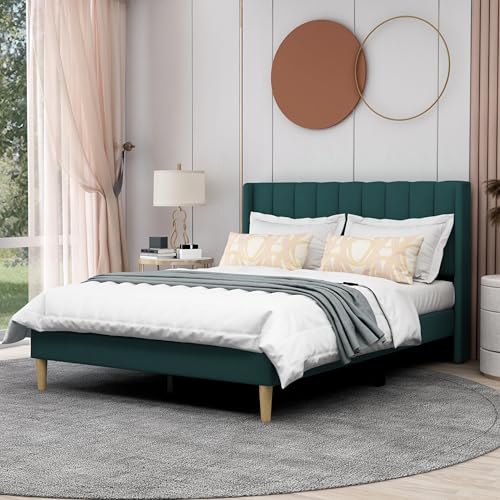AGARTT Upholstered Platform Bed Frame Full Size, Green Velvet | Headboard and Footboard/Wooden Slats Support/No Box Spring Needed/Easy Assembly - color: Ink Green Velvet, size: Full