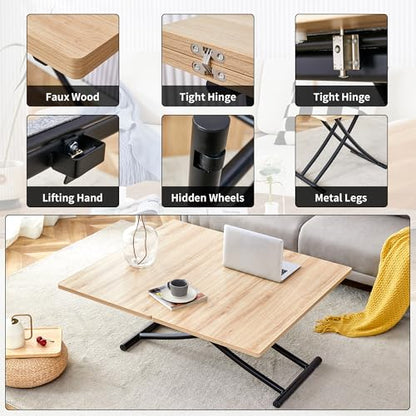 Liftable Folding Dining Table for 4, Adjustable Drop Leaf Table, Folding Coffee Table for Small Spaces, Scratch-Resistant Wood Top with Metal Frame for Apartment Kitchen Living Room - color: Oak-black