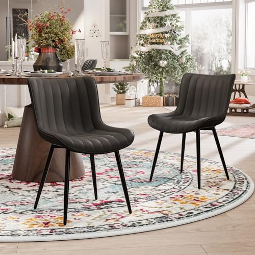 YOUNUOKE Dining Chairs Set of 2 Mid-Century Modern Kitchen Chair Black | Faux leather upholstered with Back, fits dining living waiting room guest reception. Waterproof easy to clean assemble, 300lb - color: Black