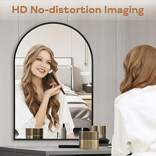Black Arched Mirror 20x30in, Metal Framed Bathroom Vanity Wall | Tempered Glass, Shatter Proof, Living Room Bedroom Entryway, Modern Elegant Design - color: Black, size: 30"L x 20"W, style: Arched