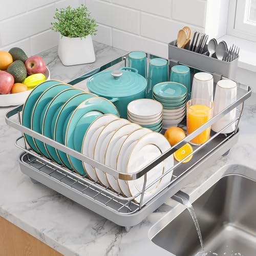 Sakugi Dish Drying Rack - Stainless Steel Dish Rack with Drainboard for Kitchen Counter and Sink, 15.6" D x 12" W x 5" H, Sliver - color: Silver, size: 15.6"D x 12"W x 5"H