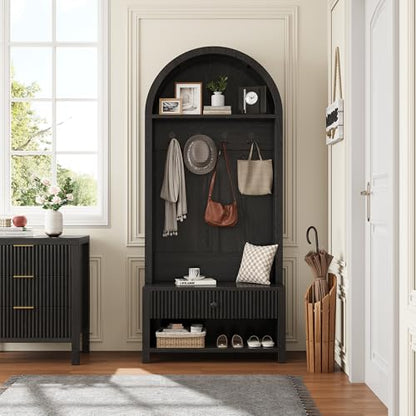 70.86-inch Entryway Hall Tree, Farmhouse-Style Wooden Coat Rack Freestanding, Entryway Organizer with Four Hooks, Standing Shoe Rack with Bench for Hallways, Foyers, and Living Rooms, Black - color: Black