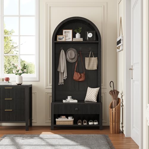 70.86-inch Entryway Hall Tree, Farmhouse-Style Wooden Coat Rack Freestanding, Entryway Organizer with Four Hooks, Standing Shoe Rack with Bench for Hallways, Foyers, and Living Rooms, Black - color: Black