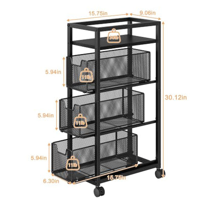 4 Tier Narrow Kitchen Rolling Cart, 9.1" Wide Slim Kitchen Storage Cart with Pull-Out Baskets, Adjust Pantry Organizer and Storage Cart with Wheels, Multifunctional Fruit Vegetable Spice Storage Cart - size: Small 4 Tier Black