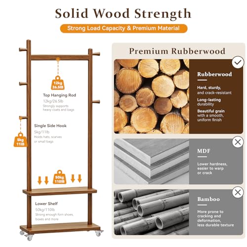 Coat Rack Freestanding Solid Wood Clothes Rack with Wheels | Space Saving, Stable 5 Hooks 2 Shelves Coat Tree, Silent 360 Degree Wheels, Heavy Duty 150 lb Capacity for Entryway Bedroom - color: Walnut Brown, size: L: 23.6" x W: 11.8" x H: 70.9" (With Whee