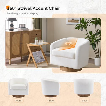 VINGLI 360°Swivel Accent Chairs Set of 2 with Engineered Wood Base and Removable Cushion for Living Room, Bedroom, Curved Back Barrel Chairs for Small Space, Upholstered Bucket Armchairs, Teddy White - color: Teddy-white
