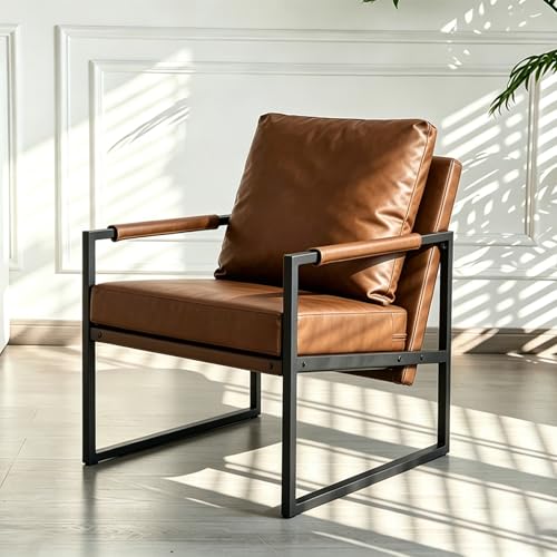 Modern PU Leather Accent Chair, Industrial Waterproof Armchair with Thick High-Density Foam Cushion, Sturdy Metal Frame 300lbs Capacity, Compact Reading Lounge Chair for Living Room Bedroom Office