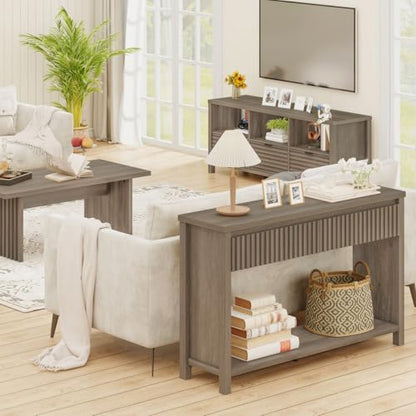 Console Table with Storage, 47In Entryway Table with Drawers, Grey Couch Tables Behind Sofa, Narrow Sofa Tables with 2-Tier Shelf for Living Room, Hallway, Front Door, Greige Oak - color: Greige Oak
