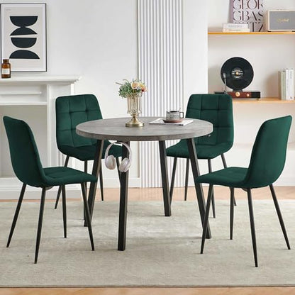 Homedot 5 PCS Dining Room Table Set, Grey Kitchen Table with Hooks for Hanging, Thick MDF Tabletop, 4 Dark Green Velvet Living Room Chairs - color: Dark Green, size: 1* Grey Round Table+4*Chair